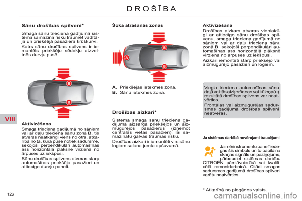 CITROEN C5 2012  Lietošanas Instrukcija (in Latvian) VIII
126 
DROŠĪBA
 
 
Šoka atrašanās zonas 
   
 
A. 
 Priekšējās ietekmes zona. 
   
B. 
 Sānu ietekmes zona.  
 
 
 
 
Drošības aizkari *  
 
Sistēma smaga sānu trieciena ga-
dījumā a