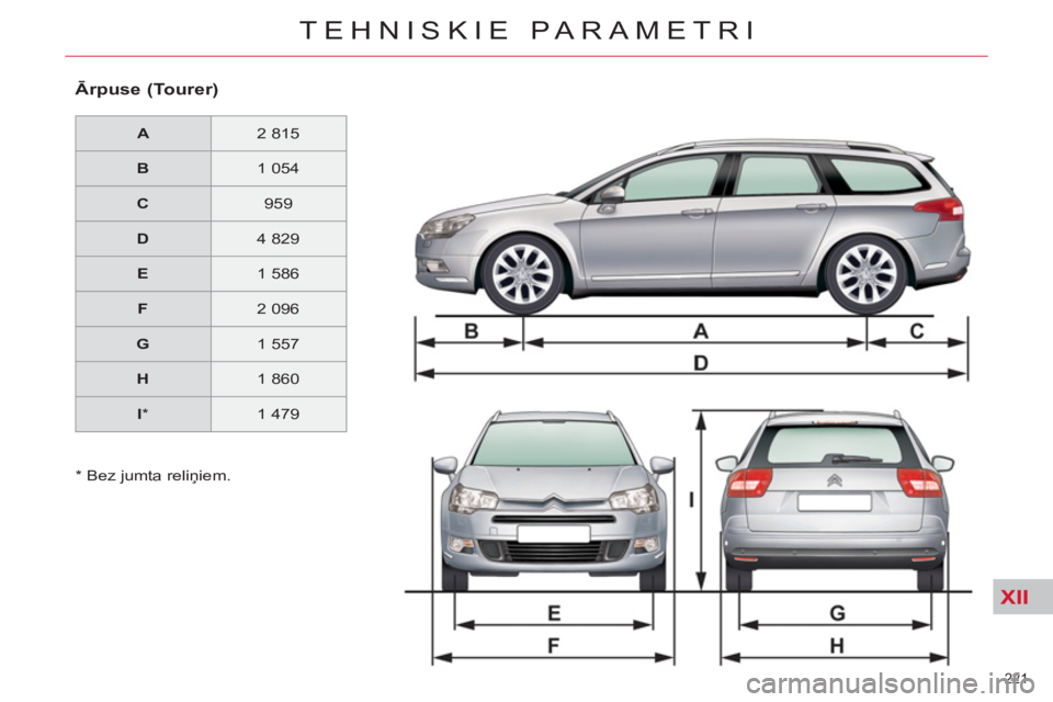 CITROEN C5 2012  Lietošanas Instrukcija (in Latvian) XII
221 
TEHNISKIE PARAMETRI
   
Ārpuse (Tourer)  
 
 
 
A  
  
 
2 815  
   
 
B  
  
 
1 054  
   
 
C  
  
 
959  
   
 
D  
  
 
4 829  
   
 
E  
  
 
1 586  
   
 
F  
  
 
2 096  
   
 
G  
  