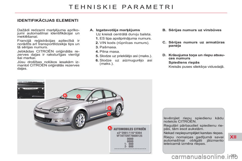 CITROEN C5 2012 Lietošanas Instrukcija (in Latvian) XII
223
TEHNISKIE PARAMETRI
IDENTIFIKĀCIJAS ELEMENTI
Dažādi redzami marķējuma aprīko-
jumi automašīnai identifi kācijai un
meklēšanai.
Francijā reģistrācijas apliecībā ir
nor CITROEN C5 2012 Lietošanas Instrukcija (in Latvian) XII
223
TEHNISKIE PARAMETRI
IDENTIFIKĀCIJAS ELEMENTI
Dažādi redzami marķējuma aprīko-
jumi automašīnai identifi kācijai un
meklēšanai.
Francijā reģistrācijas apliecībā ir
nor