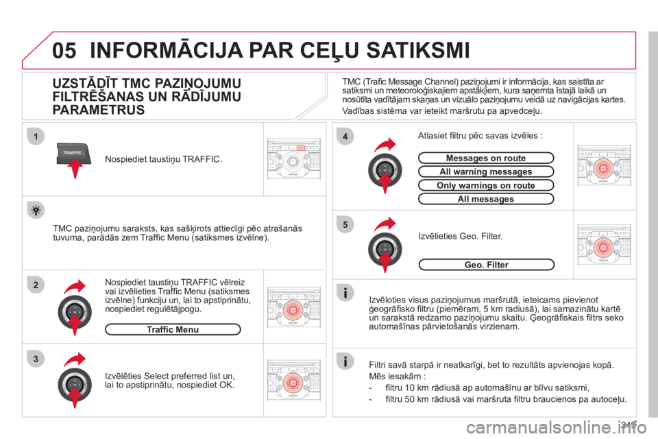 CITROEN C5 2012  Lietošanas Instrukcija (in Latvian) 249
05
2ABC3DEF5JKL4GHI6MNO8TUV7PQRS9WXYZ0*#
1RADIO MEDIANAV ESCTRAFFIC
SETUPADDR
BOOK
2ABC3DEF5JKL4GHI6MNO8TUV7PQRS9WXYZ0*#
1RADIO MEDIANAV ESC TRAFFIC
SETUPADDR
BOOK
TRAFFIC
1
3
4
5
2ABC3DEF5JKL4GHI