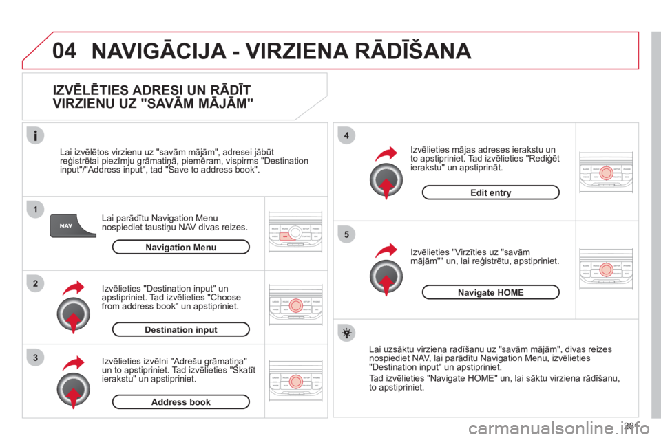 CITROEN C5 2012 Lietošanas Instrukcija (in Latvian) 281
04
1
2
3
5
4
NAVIGĀCIJA - VIRZIENA RĀDĪŠANA
IZVĒLĒTIES ADRESI UN RĀDĪT
VIRZIENU UZ "SAVĀM MĀJĀM"
Lai parādītu Navigation Menu
nospiediet taustiņu NAV divas reizes.
Lai i CITROEN C5 2012 Lietošanas Instrukcija (in Latvian) 281
04
1
2
3
5
4
NAVIGĀCIJA - VIRZIENA RĀDĪŠANA
IZVĒLĒTIES ADRESI UN RĀDĪT
VIRZIENU UZ "SAVĀM MĀJĀM"
Lai parādītu Navigation Menu
nospiediet taustiņu NAV divas reizes.
Lai i
