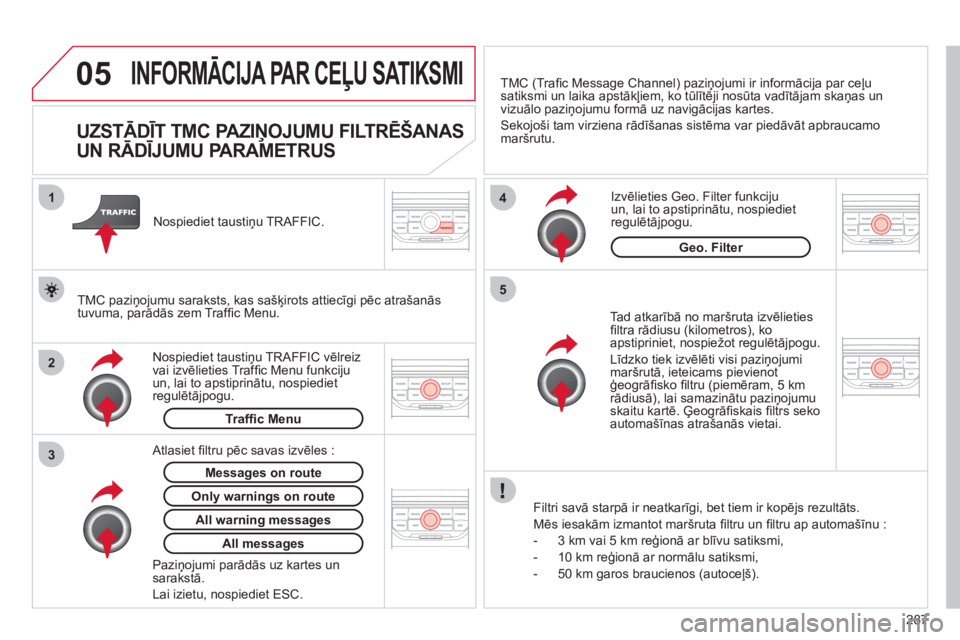 CITROEN C5 2012  Lietošanas Instrukcija (in Latvian) 287
05
2 1
3
4
5
INFORMĀCIJA PAR CEĻU SATIKSMI 
 
 
 
 
 
 
 
 
 
 
UZSTĀDĪT TMC PAZIŅOJUMU FILTRĒŠANAS 
UN RĀDĪJUMU PARAMETRUS 
 
 
Tad atkarībā no maršruta izvēlieties ﬁ ltra rādiusu