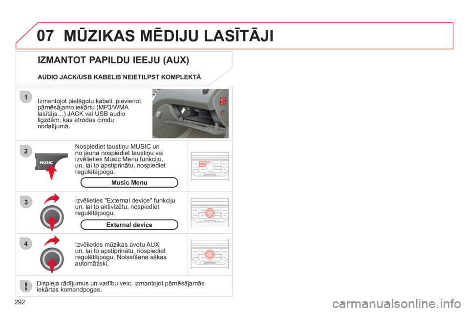 CITROEN C5 2012 Lietošanas Instrukcija (in Latvian) 292
07
43 1
2
MŪZIKAS MĒDIJU LASĪTĀJI
Izmantojot pielāgotu kabeli, pievienot pārnēsājamo iekārtu (MP3/WMA
lasītājs…) JACK vai USB audio ligzdām, kas atrodas cimdunodalījumā.
N CITROEN C5 2012 Lietošanas Instrukcija (in Latvian) 292
07
43 1
2
MŪZIKAS MĒDIJU LASĪTĀJI
Izmantojot pielāgotu kabeli, pievienot pārnēsājamo iekārtu (MP3/WMA
lasītājs…) JACK vai USB audio ligzdām, kas atrodas cimdunodalījumā.
N