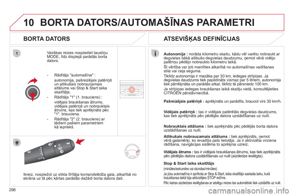 CITROEN C5 2012 Lietošanas Instrukcija (in Latvian) 296
10
1
BORTA DATORS/AUTOMAŠĪNAS PARAMETRI
BORTA DATORS
Vairākas reizes nospiediet taustiņu MODE, līdz displejā parādās bortadators.
Autonomija :
norāda kilometru skaitu, kādu vēl CITROEN C5 2012 Lietošanas Instrukcija (in Latvian) 296
10
1
BORTA DATORS/AUTOMAŠĪNAS PARAMETRI
BORTA DATORS
Vairākas reizes nospiediet taustiņu MODE, līdz displejā parādās bortadators.
Autonomija :
norāda kilometru skaitu, kādu vēl