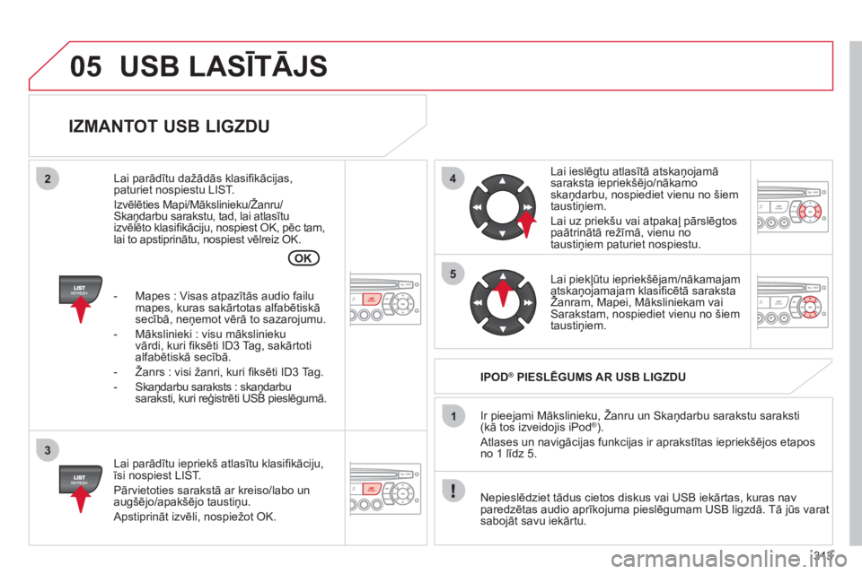 CITROEN C5 2012  Lietošanas Instrukcija (in Latvian) 313
05
42
3
1
5
OK
USB LASĪTĀJS
 
 
IZMANTOT USB LIGZDU 
 
 
Lai parādītu iepriekš atlasītu klasiﬁ kāciju, īsi nospiest LIST.
  Pārvietoties sarakstā ar kreiso
/labo un
augšējo/apakšēj