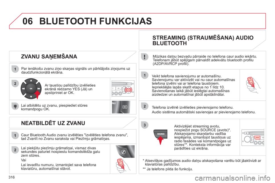 CITROEN C5 2012  Lietošanas Instrukcija (in Latvian) 316
06
1
2
1
2
2
3
   
ZVANU SAŅEMŠANA 
 
 
Par ienākošu zvanu ziņo skaņas signāls un pārklājošs ziņojums uz daudzfunkcionālā ekrāna.  
Veikt telefona savienojumu ar automa
