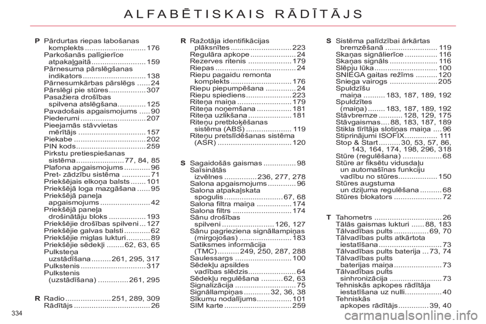 CITROEN C5 2012  Lietošanas Instrukcija (in Latvian) 334 
ALFABĒTISKAIS RĀDĪTĀJS
P Pārdurtas riepas labošanas 
komplekts ............................ 176
 Parkošanās palīgierīce 
atpakaļgaitā ......................... 159
 Pārnesuma pārsl�