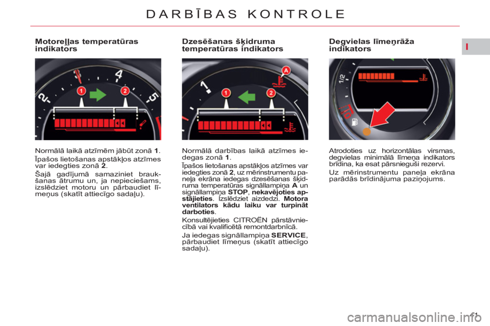 CITROEN C5 2012  Lietošanas Instrukcija (in Latvian) I
41 
DARBĪBAS KONTROLE
 
 
 
 
 
 
 
 
 
 
 
 
 
 
 
 
Motoreļļas temperatūras 
indikators 
  Normālā laikā atzīmēm jābūt zonā  1 
. 
  Īpašos lietošanas apstākļos atzīmes 
var iede