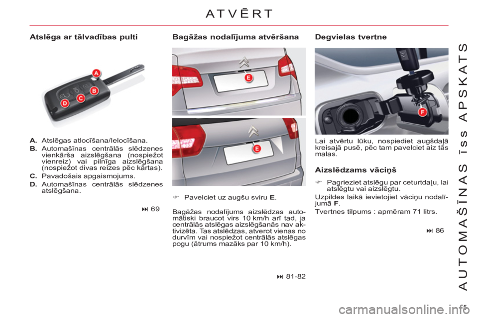 CITROEN C5 2012  Lietošanas Instrukcija (in Latvian) 5 
AUTOMAŠĪNAS īss APSKATS
 
 
 
A. 
 Atslēgas atlocīšana/Ielocīšana. 
   
B. 
 Automašīnas centrālās slēdzenes 
vienkārša aizslēgšana (nospiežot 
vienreiz) vai pilnīga aizslēgšan
