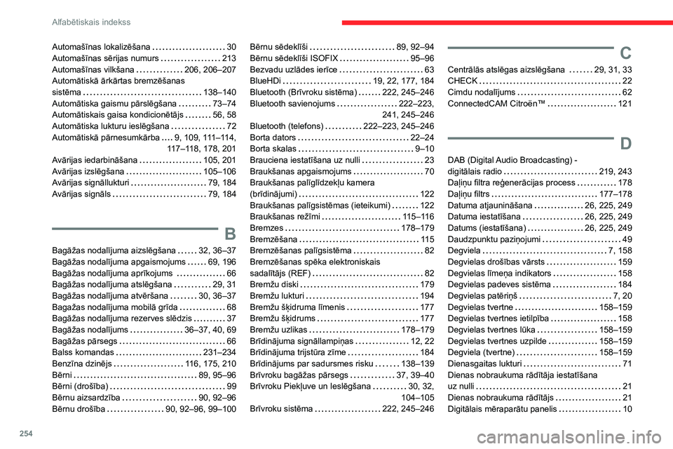 CITROEN C5 AIRCROSS 2022 Lietošanas Instrukcija (in Latvian) 254
Alfabētiskais indekss
Automašīnas lokalizēšana 30
Automašīnas sērijas numurs
213
Automašīnas vilkšana
206, 206–207
Automātiskā ārkārtas bremzēšanas
sistēma
CITROEN C5 AIRCROSS 2022 Lietošanas Instrukcija (in Latvian) 254
Alfabētiskais indekss
Automašīnas lokalizēšana 30
Automašīnas sērijas numurs
213
Automašīnas vilkšana
206, 206–207
Automātiskā ārkārtas bremzēšanas
sistēma