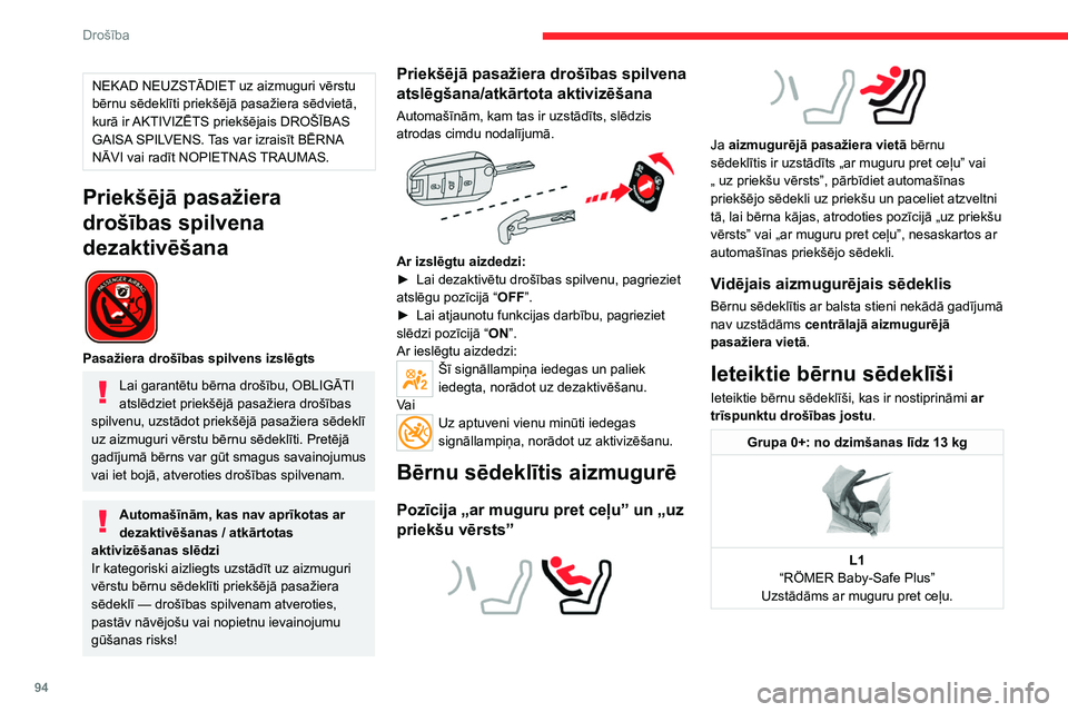 CITROEN C5 AIRCROSS 2022 Lietošanas Instrukcija (in Latvian) 94
Drošība
Grupas 2 un 3: no 15 līdz 36 kg
L5
“RÖMER KIDFIX”
Var piestiprināt pie automašīnas ISOFIX stiprinājumiem.
Bērnu vietā notur drošības josta.
Bērniem, kuru svar pārsnied CITROEN C5 AIRCROSS 2022 Lietošanas Instrukcija (in Latvian) 94
Drošība
Grupas 2 un 3: no 15 līdz 36 kg
L5
“RÖMER KIDFIX”
Var piestiprināt pie automašīnas ISOFIX stiprinājumiem.
Bērnu vietā notur drošības josta.
Bērniem, kuru svar pārsnied