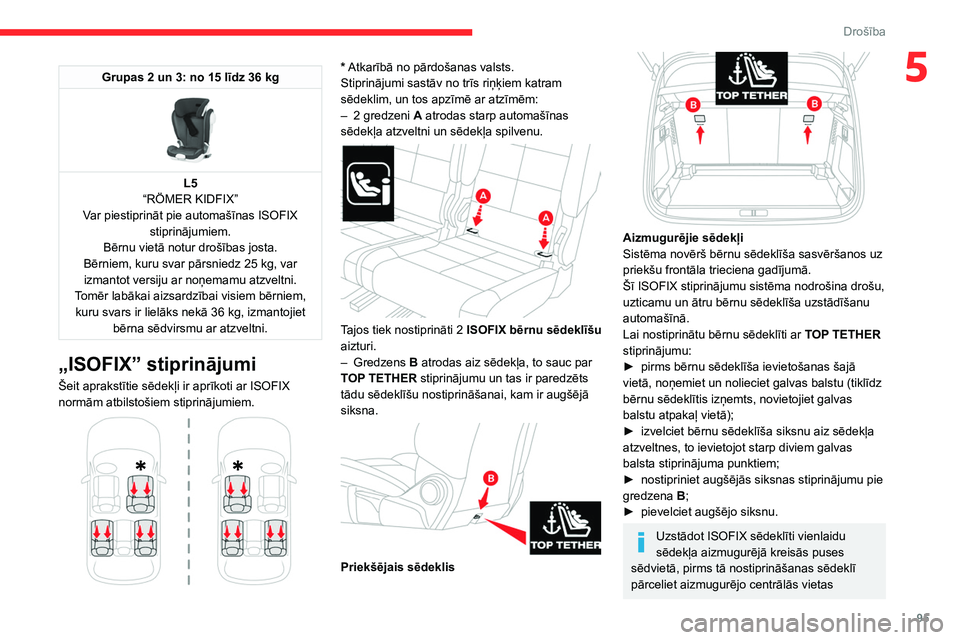 CITROEN C5 AIRCROSS 2022 Lietošanas Instrukcija (in Latvian) 95
Drošība
5Grupas 2 un 3: no 15 līdz 36 kg
L5
“RÖMER KIDFIX”
Var piestiprināt pie automašīnas ISOFIX stiprinājumiem.
Bērnu vietā notur drošības josta.
Bērniem, kuru svar pārsnie CITROEN C5 AIRCROSS 2022 Lietošanas Instrukcija (in Latvian) 95
Drošība
5Grupas 2 un 3: no 15 līdz 36 kg
L5
“RÖMER KIDFIX”
Var piestiprināt pie automašīnas ISOFIX stiprinājumiem.
Bērnu vietā notur drošības josta.
Bērniem, kuru svar pārsnie