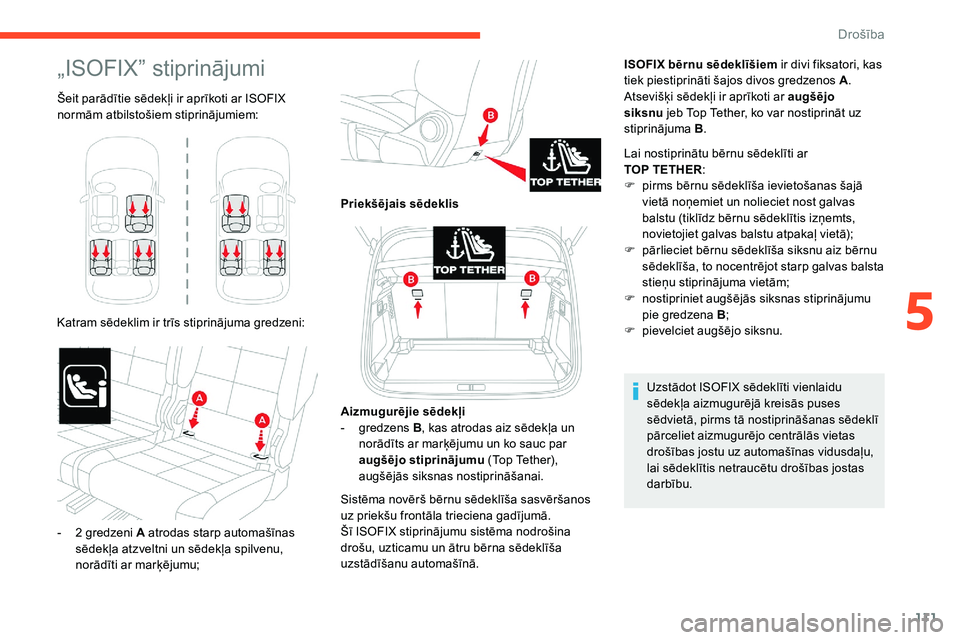 CITROEN C5 AIRCROSS 2020 Lietošanas Instrukcija (in Latvian) 111
„ISOFIX” stiprinājumi
Šeit parādītie sēdekļi ir aprīkoti ar ISOFIX
normām atbilstošiem stiprinājumiem:
Katram sēdeklim ir trīs stiprinājuma gredzeni: ISOFIX bērnu sēdeklīšiem CITROEN C5 AIRCROSS 2020 Lietošanas Instrukcija (in Latvian) 111
„ISOFIX” stiprinājumi
Šeit parādītie sēdekļi ir aprīkoti ar ISOFIX
normām atbilstošiem stiprinājumiem:
Katram sēdeklim ir trīs stiprinājuma gredzeni: ISOFIX bērnu sēdeklīšiem