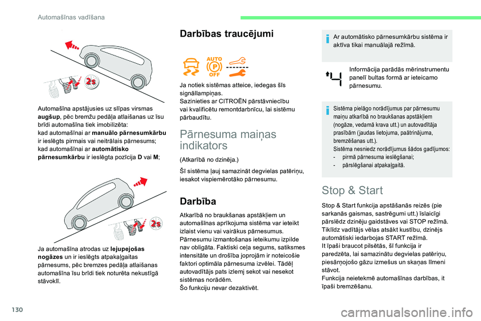 CITROEN C5 AIRCROSS 2020 Lietošanas Instrukcija (in Latvian) 130
Darbības traucējumi
Pārnesuma maiņas
indikators
(Atkarībā no dzinēja.)
Šī sistēma ļauj samazināt degvielas patēriņu,
iesakot vispiemērotāko pārnesumu.
Darbība
Atkarībā no bra CITROEN C5 AIRCROSS 2020 Lietošanas Instrukcija (in Latvian) 130
Darbības traucējumi
Pārnesuma maiņas
indikators
(Atkarībā no dzinēja.)
Šī sistēma ļauj samazināt degvielas patēriņu,
iesakot vispiemērotāko pārnesumu.
Darbība
Atkarībā no bra