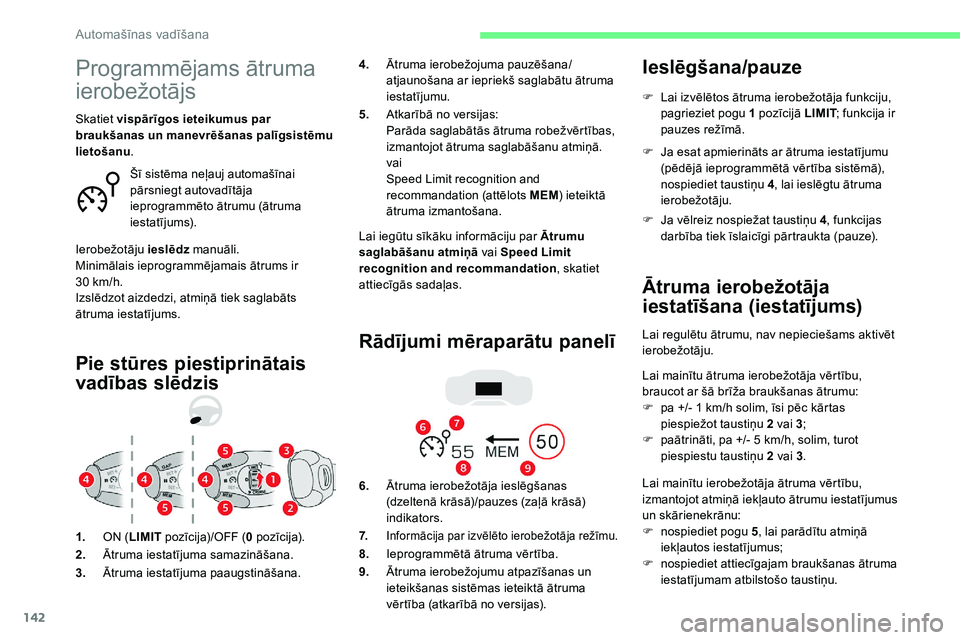 CITROEN C5 AIRCROSS 2020 Lietošanas Instrukcija (in Latvian) 142
Programmējams ātruma
ierobežotājs
Pie stūres piestiprinātais
vadības slēdzis
Lai iegūtu sīkāku informāciju par Ātrumu
saglabāšanu atmiņā vai Speed Limit
recognition and recomm CITROEN C5 AIRCROSS 2020 Lietošanas Instrukcija (in Latvian) 142
Programmējams ātruma
ierobežotājs
Pie stūres piestiprinātais
vadības slēdzis
Lai iegūtu sīkāku informāciju par Ātrumu
saglabāšanu atmiņā vai Speed Limit
recognition and recomm