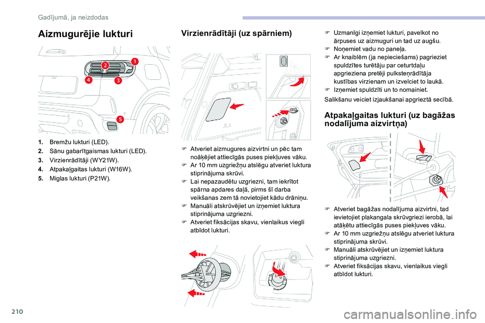 CITROEN C5 AIRCROSS 2020  Lietošanas Instrukcija (in Latvian) 210
Aizmugurējie lukturi
1.Bremžu lukturi (LED).
2. Sānu gabarītgaismas lukturi (LED).
3. Virzienrādītāji (W Y21W).
4. Atpakaļgaitas lukturi (W16W).
5. Miglas lukturi (P21W).
Virzienrādītāj