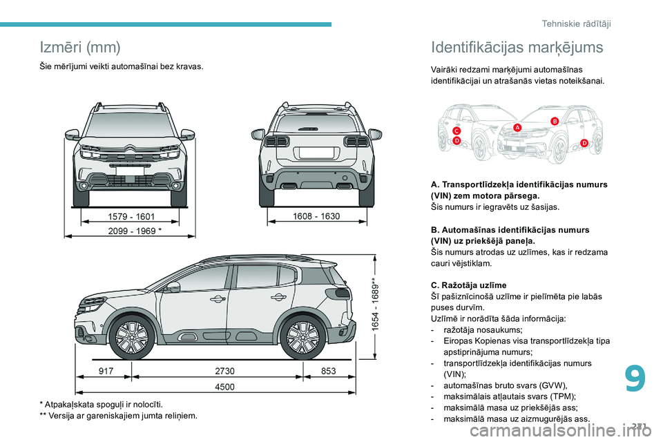 CITROEN C5 AIRCROSS 2020  Lietošanas Instrukcija (in Latvian) 221
Identifikācijas marķējums
Vairāki redzami marķējumi automašīnas 
identifikācijai un atrašanās vietas noteikšanai.
A. Transpor tlīdzekļa identifikācijas numurs 
(VIN) zem motora pār