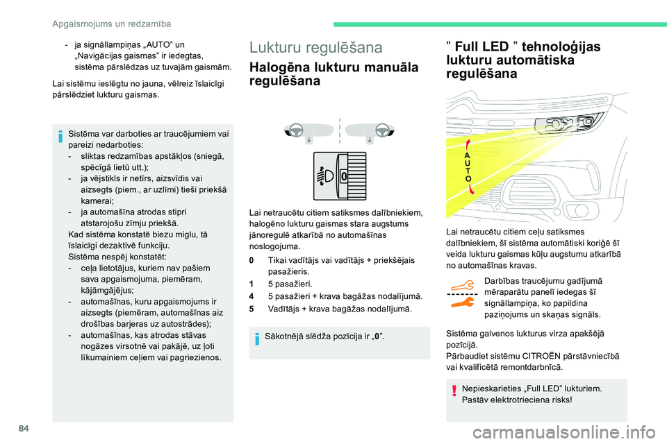 CITROEN C5 AIRCROSS 2020  Lietošanas Instrukcija (in Latvian) 84
” Full LED ” tehnoloģijas 
lukturu automātiska 
regulēšana
Darbības traucējumu gadījumā 
mēraparātu panelī iedegas šī 
signāllampiņa, ko papildina 
paziņojums un skaņas signāl
