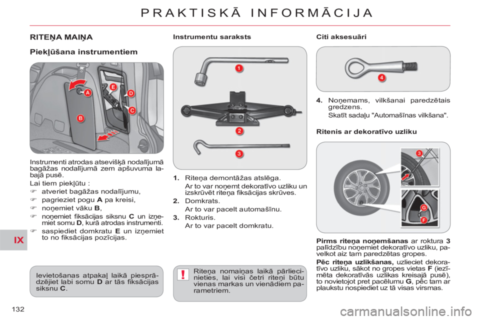 CITROEN C-CROSSER 2012  Lietošanas Instrukcija (in Latvian) IX
!
PRAKTISKĀ INFORMĀCIJA
132
RITEŅA MAIŅA 
 
 
1. 
 Riteņa demontāžas atslēga.  
  Ar to var noņemt dekoratīvo uzliku un 
izskrūvēt riteņa ﬁ ksācijas skrūves. 
   
2.  
Domkrats.  
