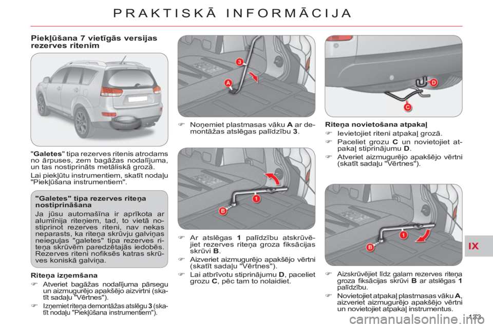 CITROEN C-CROSSER 2012  Lietošanas Instrukcija (in Latvian) IX
PRAKTISKĀ INFORMĀCIJA
133     
"Galetes" tipa rezerves riteņa 
nostiprināšana 
  Ja jūsu automašīna ir aprīkota ar 
alumīnija riteņiem, tad, to vietā no-
stiprinot rezerves riteni, nav 