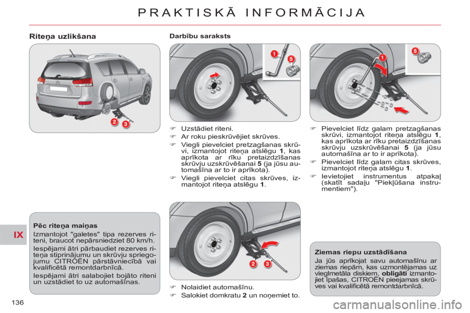 CITROEN C-CROSSER 2012  Lietošanas Instrukcija (in Latvian) IX
PRAKTISKĀ INFORMĀCIJA
136
   
Pēc riteņa maiņas 
  Izmantojot "galetes" tipa rezerves ri-
teni, braucot nepārsniedziet 80 km/h. 
  Iespējami ātri pārbaudiet rezerves ri-
teņa stiprinājum