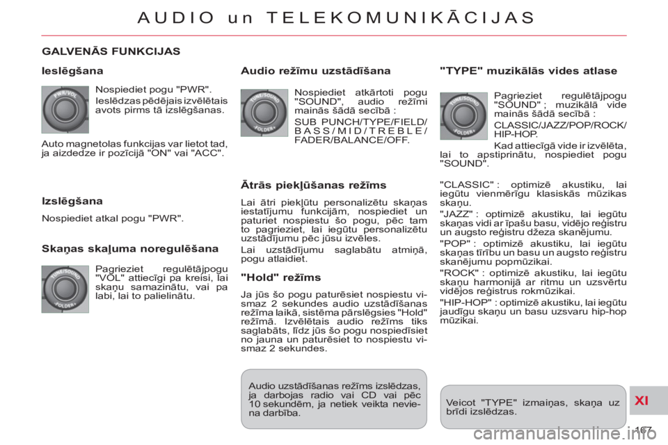 CITROEN C-CROSSER 2012  Lietošanas Instrukcija (in Latvian) XI
167 
AUDIO un TELEKOMUNIKĀCIJAS
GALVENĀS FUNKCIJAS
   
Ieslē
gšana 
 
Nospiediet pogu "PWR". 
  Ieslēdzas pēdējais izvēlētais 
avots pirms tā izslēgšanas. 
 
 
Skaņas skaļuma noregul