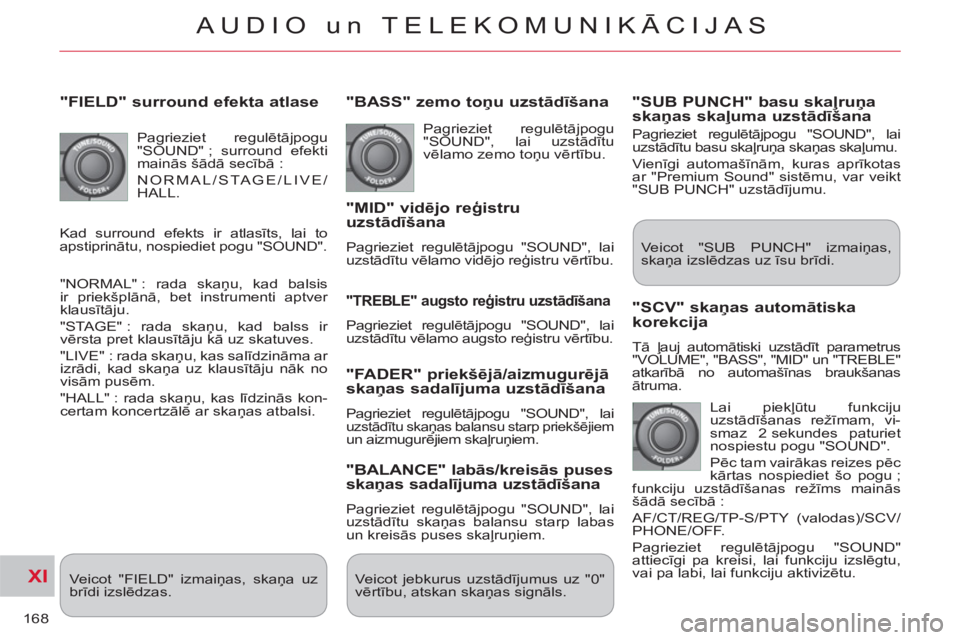 CITROEN C-CROSSER 2012  Lietošanas Instrukcija (in Latvian) XI
168
AUDIO un TELEKOMUNIKĀCIJAS
   
"FIELD" surround efekta atlase
 
Pagrieziet regulētājpogu 
"SOUND" ; surround efekti 
mainās šādā secībā : 
  NORMAL/STAGE/LIVE/
HALL. 
  "NORMAL" : rada