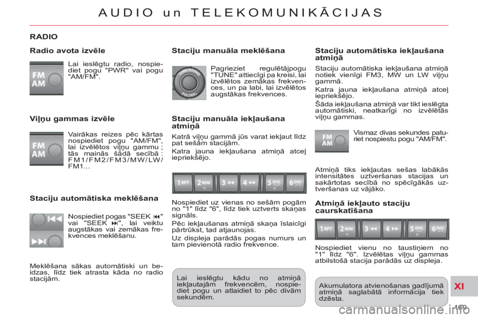 CITROEN C-CROSSER 2012  Lietošanas Instrukcija (in Latvian) XI
169 
AUDIO un TELEKOMUNIKĀCIJAS
RADIO 
   
Radio avota izvēle 
 
Lai ieslēgtu radio, nospie-
diet pogu "PWR" vai pogu 
"AM/FM".  
  Akumulatora atvienošanas gadījumā 
atmiņā saglabātā inf