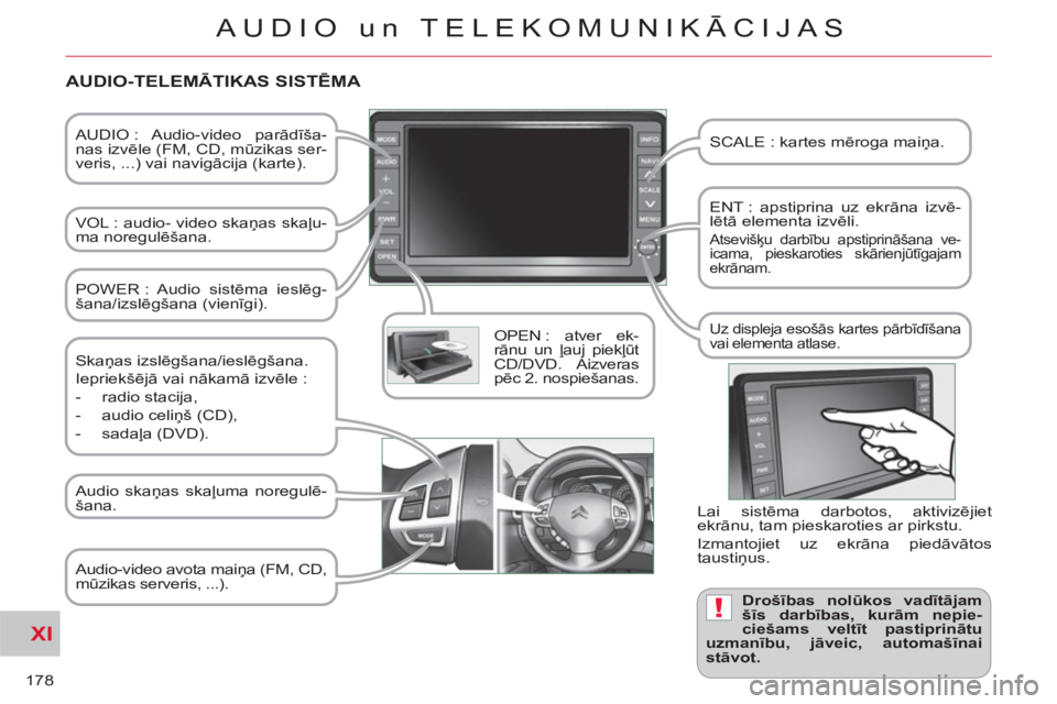 CITROEN C-CROSSER 2012  Lietošanas Instrukcija (in Latvian) XI
!
178
AUDIO un TELEKOMUNIKĀCIJAS
   
AUDIO :  Audio-video  parādīša-
nas izvēle (FM, CD, mūzikas ser-
veris, ...) vai navigācija (karte).  
   
VOL : audio- video skaņas skaļu-
ma noregul