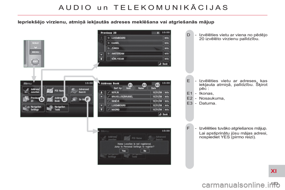 CITROEN C-CROSSER 2012  Lietošanas Instrukcija (in Latvian) XI
183 
AUDIO un TELEKOMUNIKĀCIJAS
   
Iepriekšējo virzienu, atmiņā iekļautās adreses meklēšana vai atgriešanās mājup
 
E   -  Izvēlēties vietu ar adreses, kas 
iekļauta atmiņā, palī