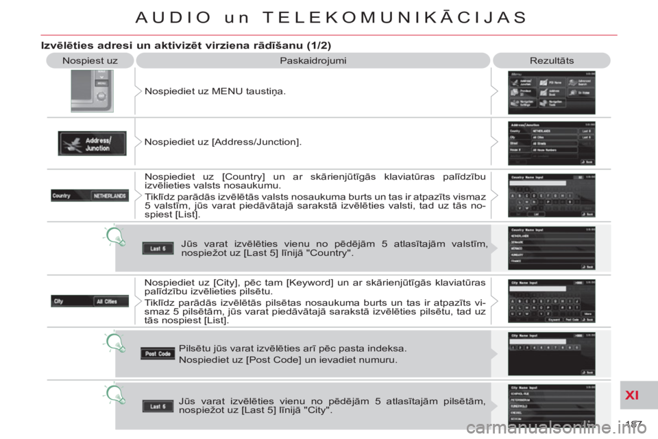CITROEN C-CROSSER 2012  Lietošanas Instrukcija (in Latvian) XI
187 
AUDIO un TELEKOMUNIKĀCIJAS
  Nospiest uz 
  Paskaidrojumi   Rezultāts 
  Nospiediet uz MENU taustiņa. 
  Nospiediet uz [Address/Junction]. 
  Nospiediet uz [Country] un ar skārienjūtīgā