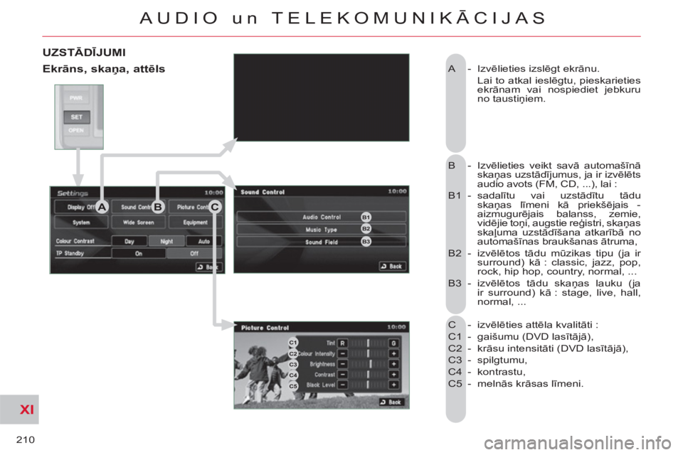 CITROEN C-CROSSER 2012 Lietošanas Instrukcija (in Latvian) XI
210
AUDIO un TELEKOMUNIKĀCIJAS
A - Izvēlieties izslēgt ekrānu.
Lai to atkal ieslēgtu, pieskarieties
ekrānam vai nospiediet jebkuru
no taustiņiem.
B - Izvēlieties veikt savā a CITROEN C-CROSSER 2012 Lietošanas Instrukcija (in Latvian) XI
210
AUDIO un TELEKOMUNIKĀCIJAS
A - Izvēlieties izslēgt ekrānu.
Lai to atkal ieslēgtu, pieskarieties
ekrānam vai nospiediet jebkuru
no taustiņiem.
B - Izvēlieties veikt savā a