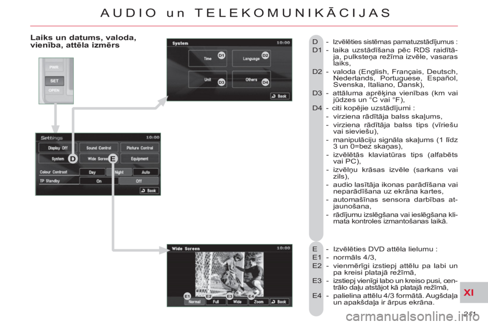 CITROEN C-CROSSER 2012 Lietošanas Instrukcija (in Latvian) XI
211
AUDIO un TELEKOMUNIKĀCIJAS
Laiks un datums, valoda,vienība, attēla izmērs
E - Izvēlēties DVD attēla lielumu :
E1 - normāls 4/3,
E2 - vienmērīgi izstiepj attēlu pa labi CITROEN C-CROSSER 2012 Lietošanas Instrukcija (in Latvian) XI
211
AUDIO un TELEKOMUNIKĀCIJAS
Laiks un datums, valoda,vienība, attēla izmērs
E - Izvēlēties DVD attēla lielumu :
E1 - normāls 4/3,
E2 - vienmērīgi izstiepj attēlu pa labi