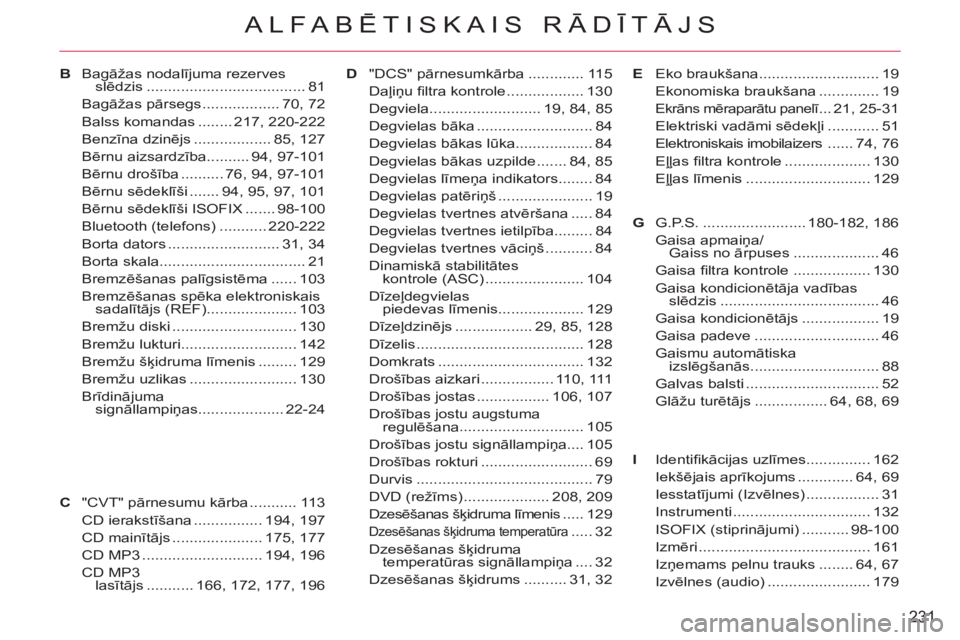 CITROEN C-CROSSER 2012  Lietošanas Instrukcija (in Latvian) 231
ALFABĒTISKAIS RĀDĪTĀJS
Eko braukšana............................ 19
Ekonomiska braukšana .............. 19
Ekrāns mēraparātu panelī ... 21,  25-31
Elektriski vadāmi sēdekļi ..........