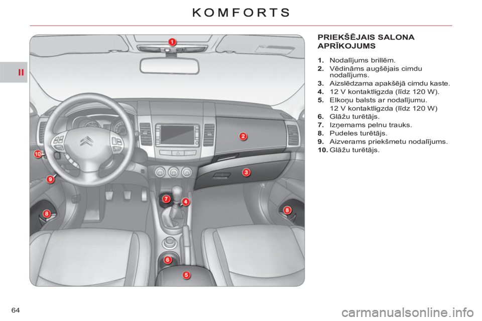 CITROEN C-CROSSER 2012  Lietošanas Instrukcija (in Latvian) II
64
PRIEKŠĒJAIS SALONA 
APRĪKOJUMS 
 
 
 
 
1. 
 Nodalījums brillēm. 
   
2. 
 Vēdināms augšējais cimdu 
nodalījums. 
   
3. 
 Aizslēdzama apakšējā cimdu kaste. 
   
4. 
  12 V kontakt