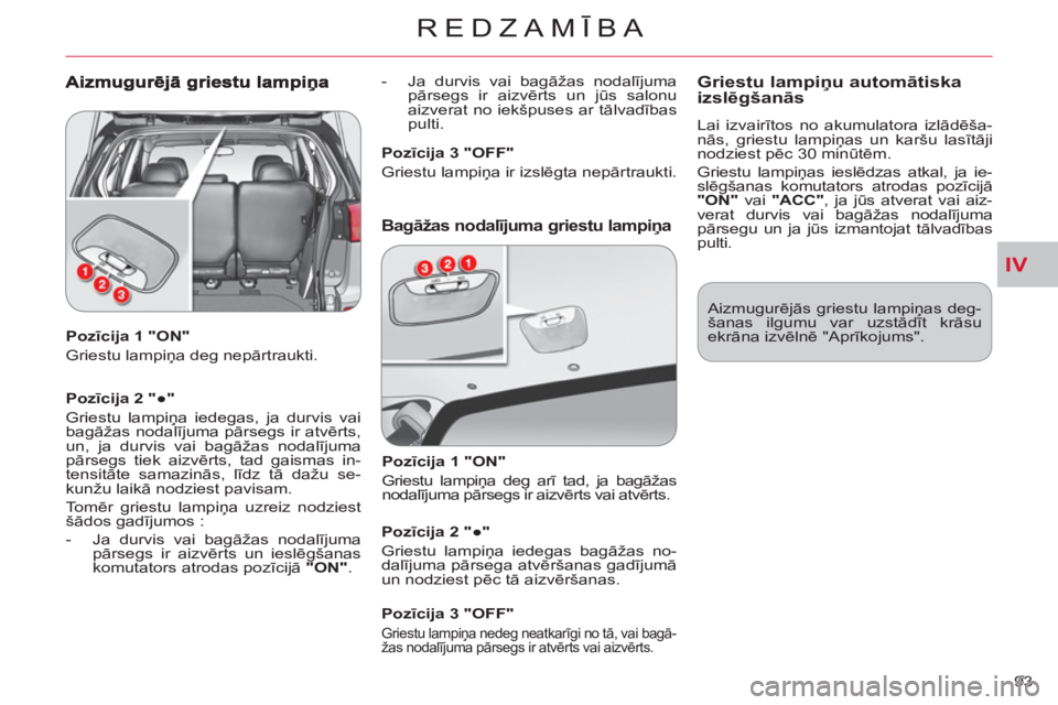 CITROEN C-CROSSER 2012  Lietošanas Instrukcija (in Latvian) IV
REDZAMĪBA
93     
Pozīcija 1 "ON" 
  Griestu lampiņa deg nepārtraukti.  
   
Pozīcija 2 "●" 
  Griestu lampiņa iedegas, ja durvis vai 
bagāžas nodalījuma pārsegs ir atvērts, 
un, ja du