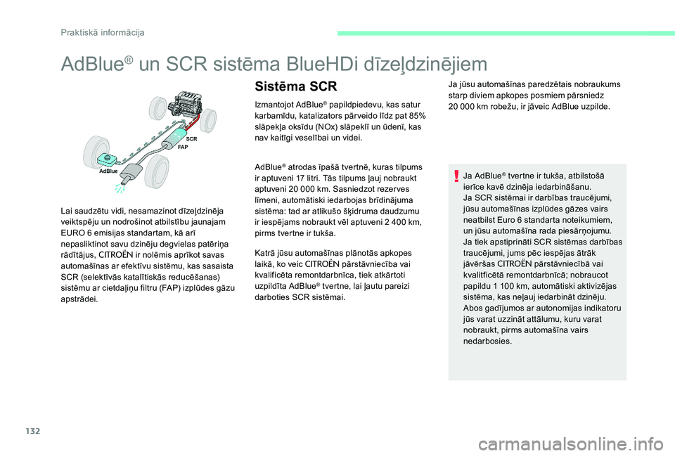 CITROEN C-ELYSÉE 2017 Lietošanas Instrukcija (in Latvian) 132
AdBlue® un SCR sistēma BlueHDi dīzeļdzinējiem
Izmantojot AdBlue® papildpiedevu, kas satur
karbamīdu, katalizators pārveido līdz pat 85%
slāpekļa oksīdu (NOx) slāpeklī un ūdenī, k CITROEN C-ELYSÉE 2017 Lietošanas Instrukcija (in Latvian) 132
AdBlue® un SCR sistēma BlueHDi dīzeļdzinējiem
Izmantojot AdBlue® papildpiedevu, kas satur
karbamīdu, katalizators pārveido līdz pat 85%
slāpekļa oksīdu (NOx) slāpeklī un ūdenī, k