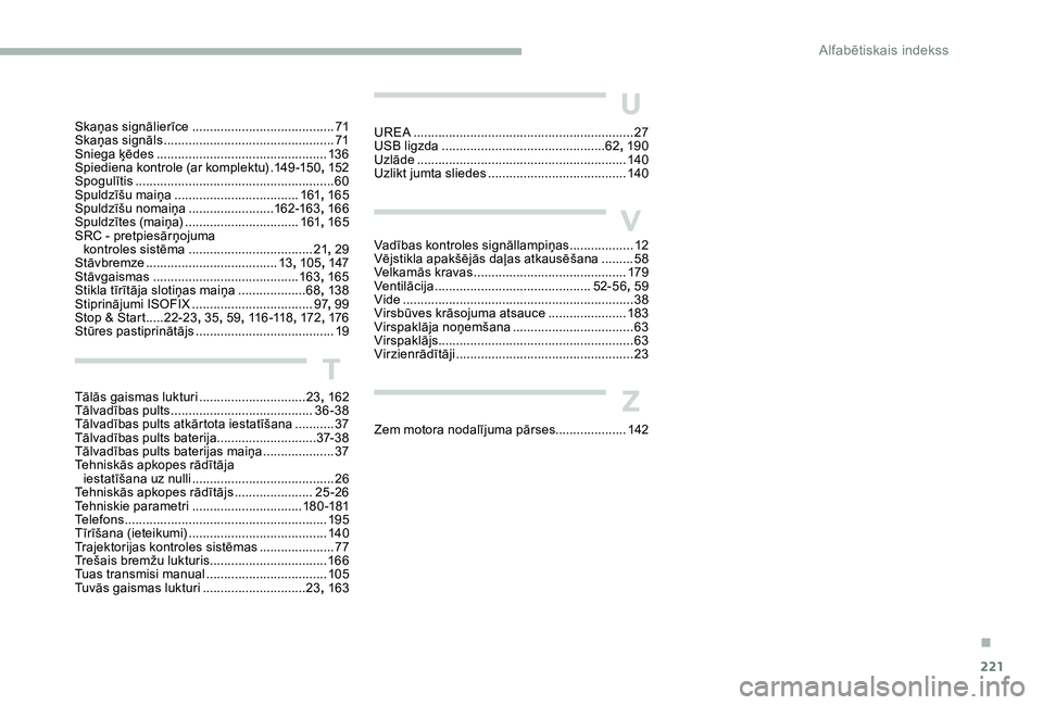 CITROEN C-ELYSÉE 2017 Lietošanas Instrukcija (in Latvian) 221
UREA .............................................................. 27
USB ligzda .............................. ................62, 19 0
Uzlāde
...............
............................... CITROEN C-ELYSÉE 2017 Lietošanas Instrukcija (in Latvian) 221
UREA .............................................................. 27
USB ligzda .............................. ................62, 19 0
Uzlāde
...............
...............................