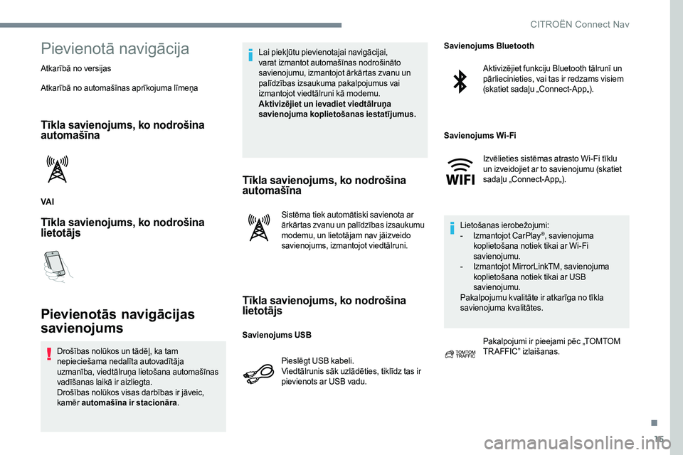 CITROEN C-ELYSÉE 2017 Lietošanas Instrukcija (in Latvian) 15
Pievienotā navigācija
Atkarībā no versijas
Atkarībā no automašīnas aprīkojuma līmeņa
Tīkla savienojums, ko nodrošina
automašīna
VA I
Tīkla savienojums, ko nodrošina
lietotājs
Pi CITROEN C-ELYSÉE 2017 Lietošanas Instrukcija (in Latvian) 15
Pievienotā navigācija
Atkarībā no versijas
Atkarībā no automašīnas aprīkojuma līmeņa
Tīkla savienojums, ko nodrošina
automašīna
VA I
Tīkla savienojums, ko nodrošina
lietotājs
Pi