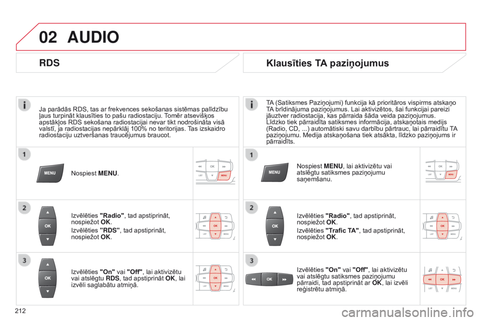 CITROEN C-ELYSÉE 2016  Lietošanas Instrukcija (in Latvian) 02
212Ja parādās RDS, tas ar frekvences sekošanas sistēmas palīdzību 
ļaus turpināt klausīties to pašu radiostaciju. Tomēr atsevišķos 
apstākļos RDS sekošana radiostacijai nevar tikt n