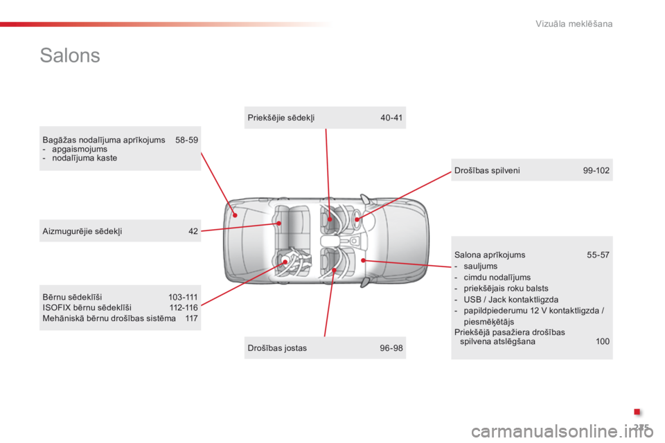 CITROEN C-ELYSÉE 2016 Lietošanas Instrukcija (in Latvian) 225
Salons
Bagāžas nodalījuma aprīkojums 58 -59
- ap gaismojums
-
n
odalījuma kaste Priekšējie sēdekļi
4
0 - 41
Bērnu sēdeklīši
1
03 -111
ISOFIX bērnu sēdeklīši
1
12-116
M CITROEN C-ELYSÉE 2016 Lietošanas Instrukcija (in Latvian) 225
Salons
Bagāžas nodalījuma aprīkojums 58 -59
- ap gaismojums
-
n
odalījuma kaste Priekšējie sēdekļi
4
0 - 41
Bērnu sēdeklīši
1
03 -111
ISOFIX bērnu sēdeklīši
1
12-116
M