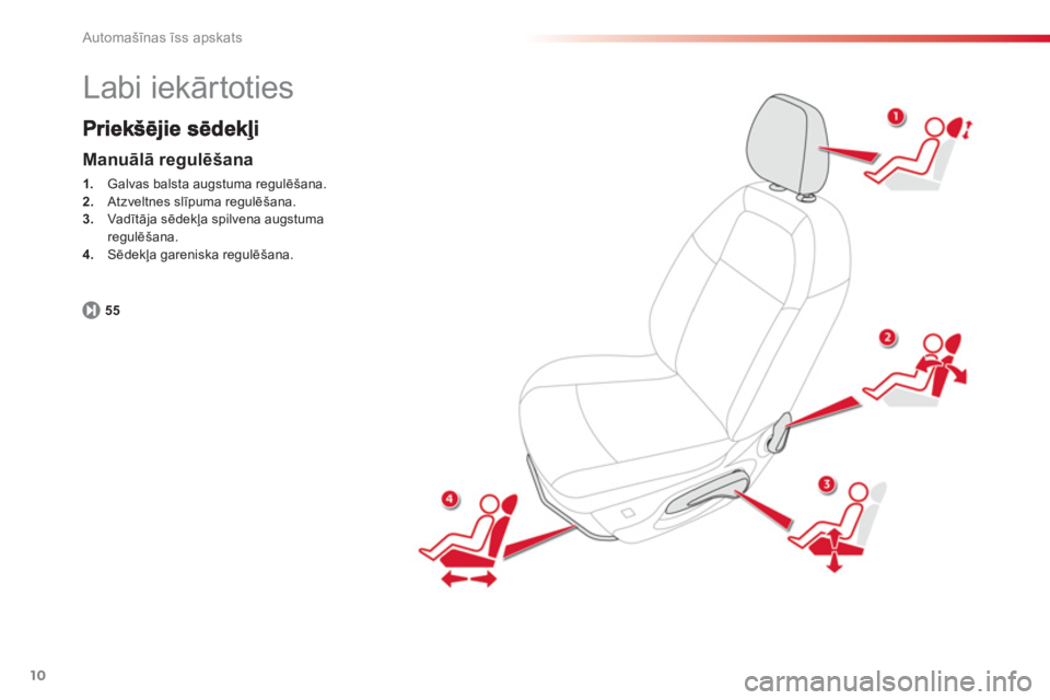 CITROEN C-ELYSÉE 2014  Lietošanas Instrukcija (in Latvian) 10
Automašīnas īss apskats
 
Labi iekārtoties 
Manuālā regulēšana
1. 
 Galvas balsta augstuma regulēšana. 2. 
 Atzveltnes slīpuma regulēšana. 3. 
 Vadītāja sēdekļa spilvena augstuma r