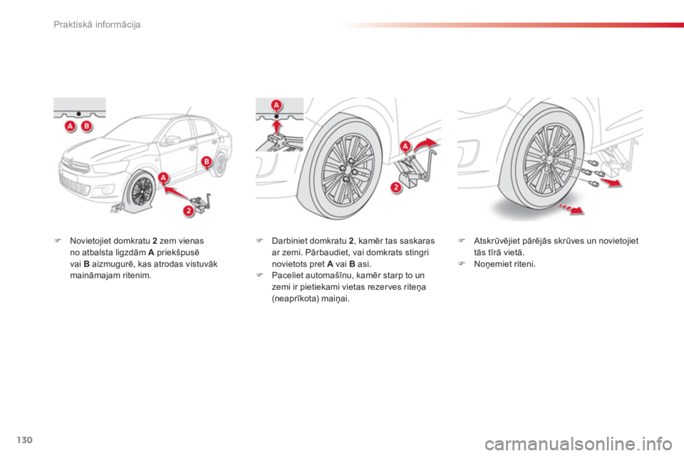 CITROEN C-ELYSÉE 2014  Lietošanas Instrukcija (in Latvian) 130
Praktiskā informācija
�)Novietojiet domkratu  2 
 zem vienas no atbalsta ligzdām Apriekšpusē 
vai Baizmugurē, kas atrodas vistuvāk maināmajam ritenim.  
 
�)Atskrūvējiet pārēj—s skr