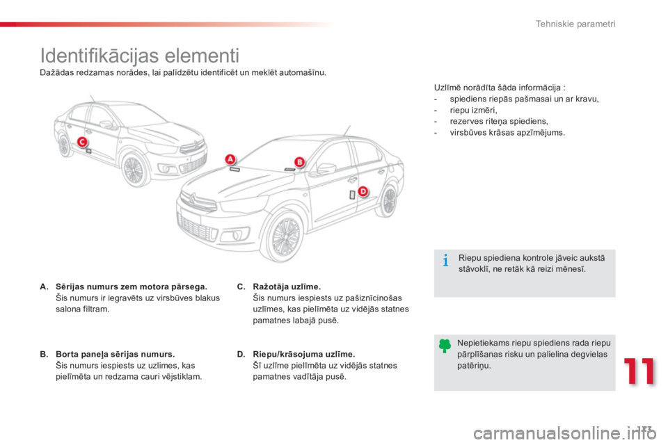 CITROEN C-ELYSÉE 2014  Lietošanas Instrukcija (in Latvian) 173
11
Tehniskie parametri
   
 
 
 
 
 
 
 
 
 
 
 
 
 
 
 
 
Identiﬁ kācijas elementi 
A.Sērijas numurs zem motora pārsega.  Šis numurs ir iegravēts uz virsbūves blakus
salona filtram.
 
 Ri