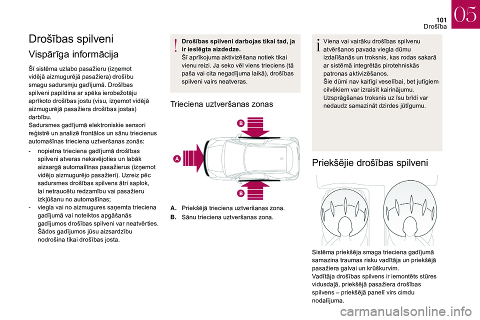 CITROEN DS3 2018 Lietošanas Instrukcija (in Latvian) 101
Drošības spilveni
Vispārīga informācija
Šī sistēma uzlabo pasažieru (izņemot
vidējā aizmugurējā pasažiera) drošību
smagu sadursmju gadījumā. Drošības
spilveni papildina ar CITROEN DS3 2018 Lietošanas Instrukcija (in Latvian) 101
Drošības spilveni
Vispārīga informācija
Šī sistēma uzlabo pasažieru (izņemot
vidējā aizmugurējā pasažiera) drošību
smagu sadursmju gadījumā. Drošības
spilveni papildina ar