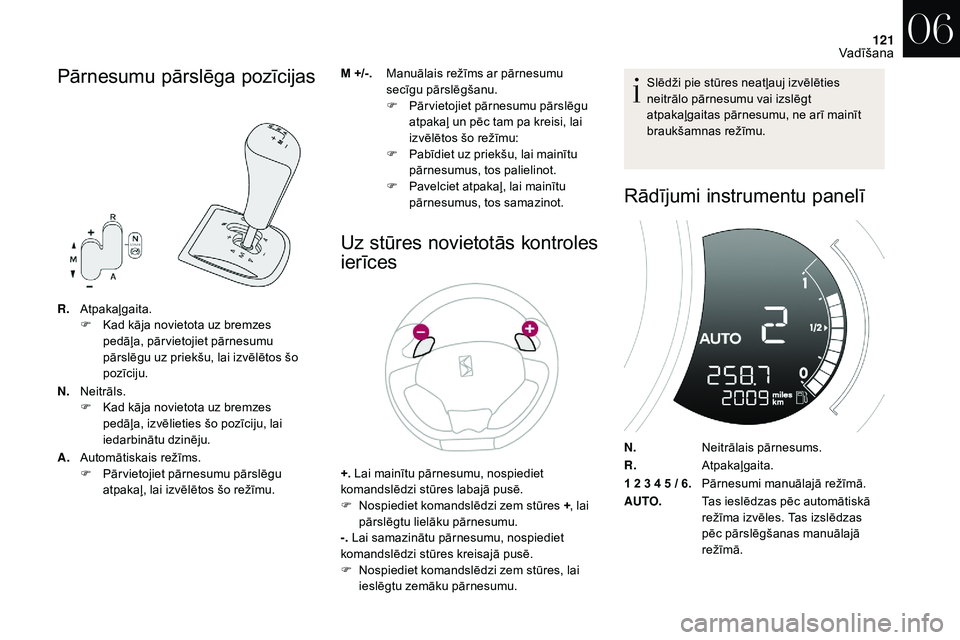 CITROEN DS3 2018 Lietošanas Instrukcija (in Latvian) 121
Pārnesumu pārslēga pozīcijas
R.Atpakaļgaita.
F
K ad kāja novietota uz bremzes
pedāļa, pār vietojiet pārnesumu
pārslēgu uz priekšu, lai izvēlētos šo
pozīciju.
N. Neitrāls.
F
CITROEN DS3 2018 Lietošanas Instrukcija (in Latvian) 121
Pārnesumu pārslēga pozīcijas
R.Atpakaļgaita.
F
K ad kāja novietota uz bremzes
pedāļa, pār vietojiet pārnesumu
pārslēgu uz priekšu, lai izvēlētos šo
pozīciju.
N. Neitrāls.
F