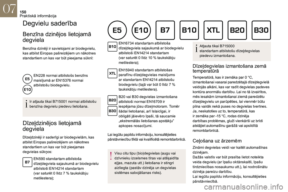CITROEN DS3 2018  Lietošanas Instrukcija (in Latvian) 150
Degvielu saderība
Benzīna dzinējos lietojamā 
degviela
Benzīna dzinēji ir savietojami ar biodegvielu, 
kas atbilst Eiropas pašreizējiem un nākotnes 
standartiem un kas var būt pieejama s