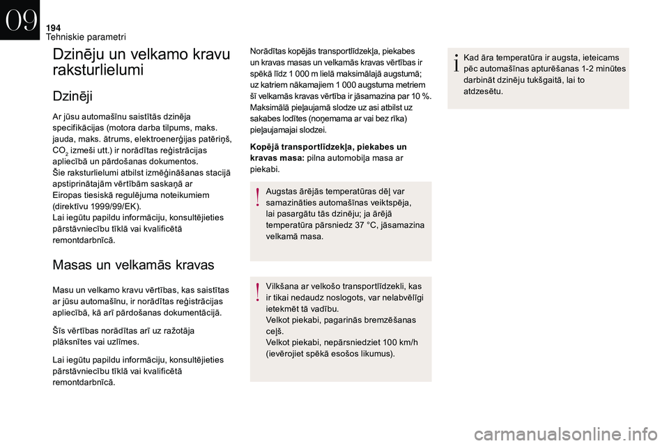 CITROEN DS3 2018 Lietošanas Instrukcija (in Latvian) 194
Dzinēju un velkamo kravu
raksturlielumi
Dzinēji
Ar jūsu automašīnu saistītās dzinēja
specifikācijas (motora darba tilpums, maks.
jauda, maks. ātrums, elektroenerģijas patēriņš,
C CITROEN DS3 2018 Lietošanas Instrukcija (in Latvian) 194
Dzinēju un velkamo kravu
raksturlielumi
Dzinēji
Ar jūsu automašīnu saistītās dzinēja
specifikācijas (motora darba tilpums, maks.
jauda, maks. ātrums, elektroenerģijas patēriņš,
C