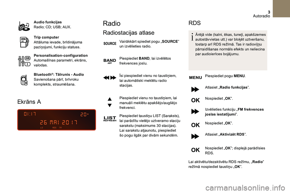 CITROEN DS3 2018 Lietošanas Instrukcija (in Latvian) 3
Audio funkcijas
Radio; CD; USB; AUX.
Trip computer
Attāluma ievade, brīdinājuma
paziņojumi, funkciju statuss.
Personalisation-configuration
Automašīnas parametri, ekrāns,
valodas.
Bluetooth CITROEN DS3 2018 Lietošanas Instrukcija (in Latvian) 3
Audio funkcijas
Radio; CD; USB; AUX.
Trip computer
Attāluma ievade, brīdinājuma
paziņojumi, funkciju statuss.
Personalisation-configuration
Automašīnas parametri, ekrāns,
valodas.
Bluetooth