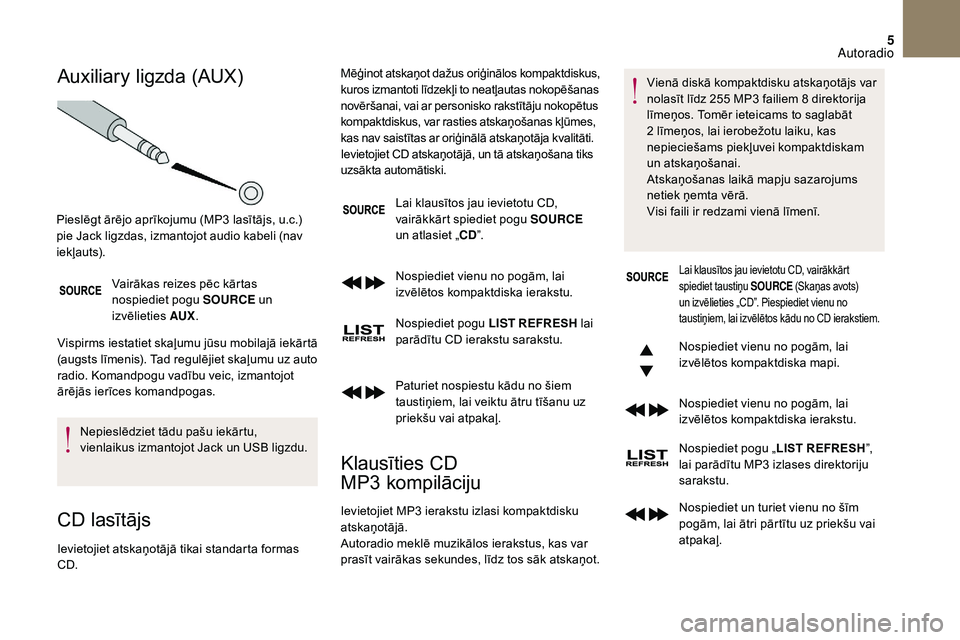 CITROEN DS3 2018 Lietošanas Instrukcija (in Latvian) 5
Auxiliary ligzda (AUX)
Vairākas reizes pēc kārtas
nospiediet pogu SOURCE un
izvēlieties AUX.
Vispirms iestatiet skaļumu jūsu mobilajā iekārtā
(augsts līmenis). Tad regulējiet skaļumu CITROEN DS3 2018 Lietošanas Instrukcija (in Latvian) 5
Auxiliary ligzda (AUX)
Vairākas reizes pēc kārtas
nospiediet pogu SOURCE un
izvēlieties AUX.
Vispirms iestatiet skaļumu jūsu mobilajā iekārtā
(augsts līmenis). Tad regulējiet skaļumu